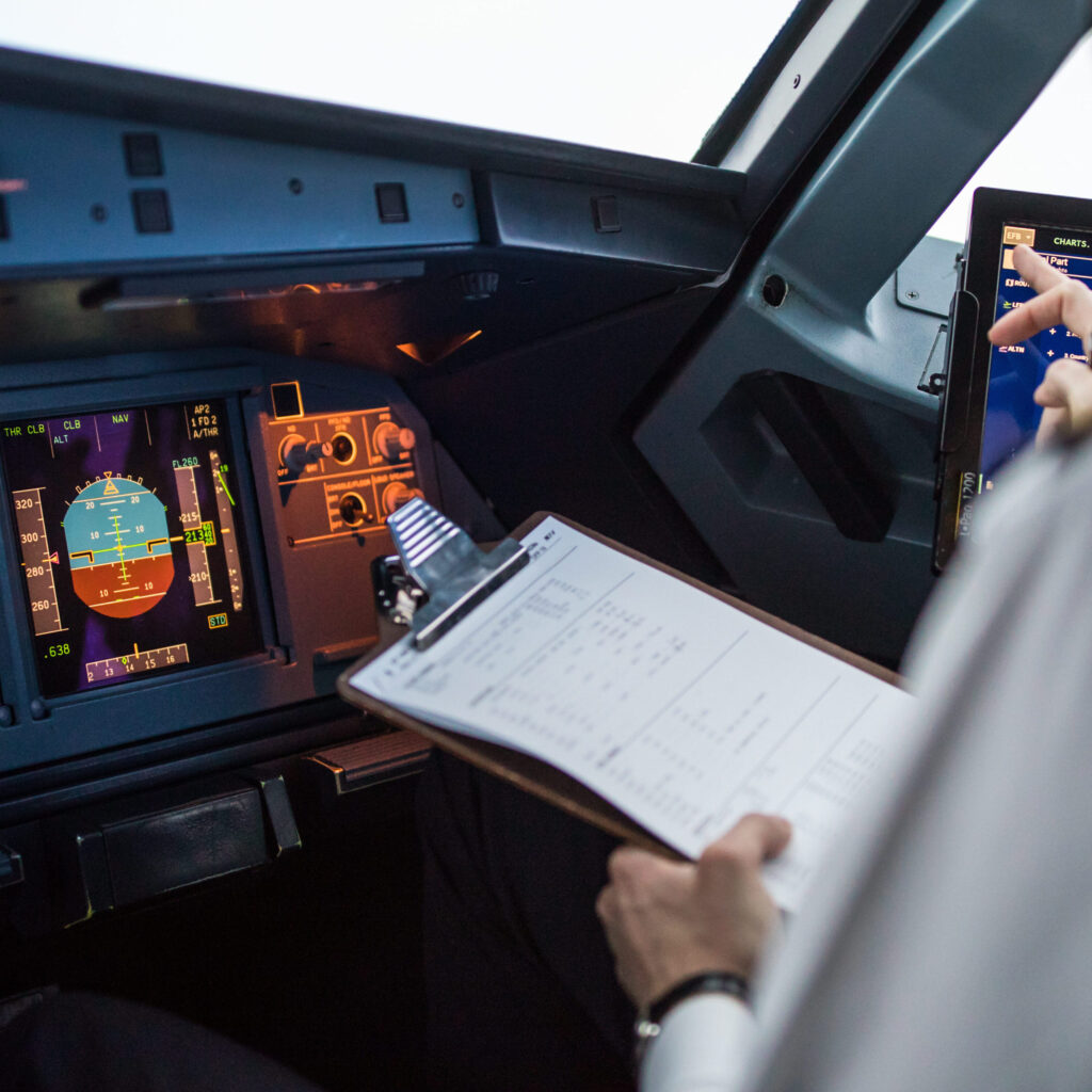 Aircraft cockpit with one person holding a clipboard and another pointing at a screen, suggesting a review of procedures or checklist.